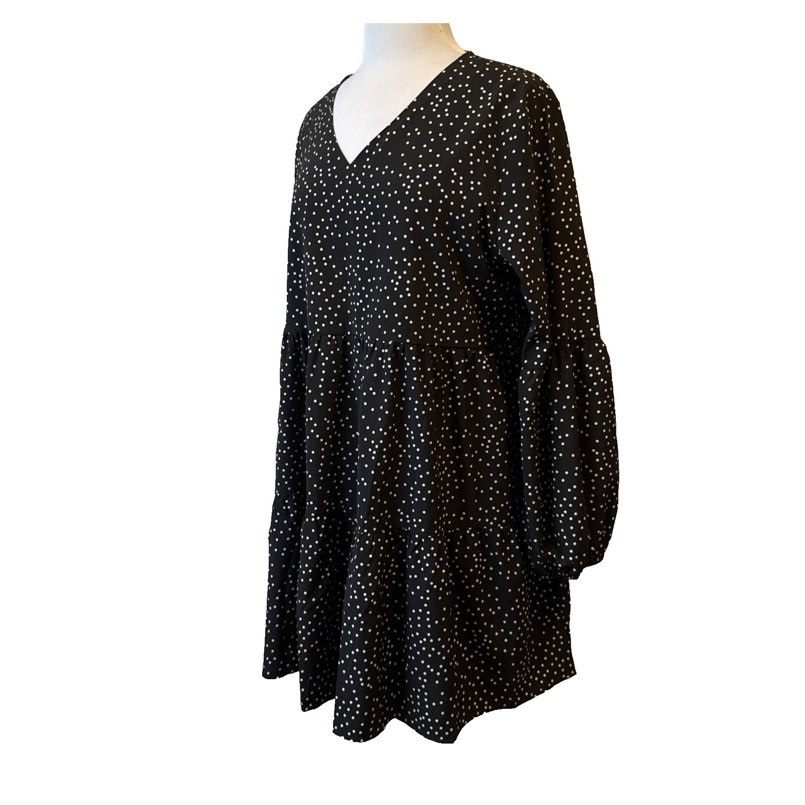 Classic Black White Polka Dot Balloon Sleeve Tiered Ruffle Dress Women's Xl Boho